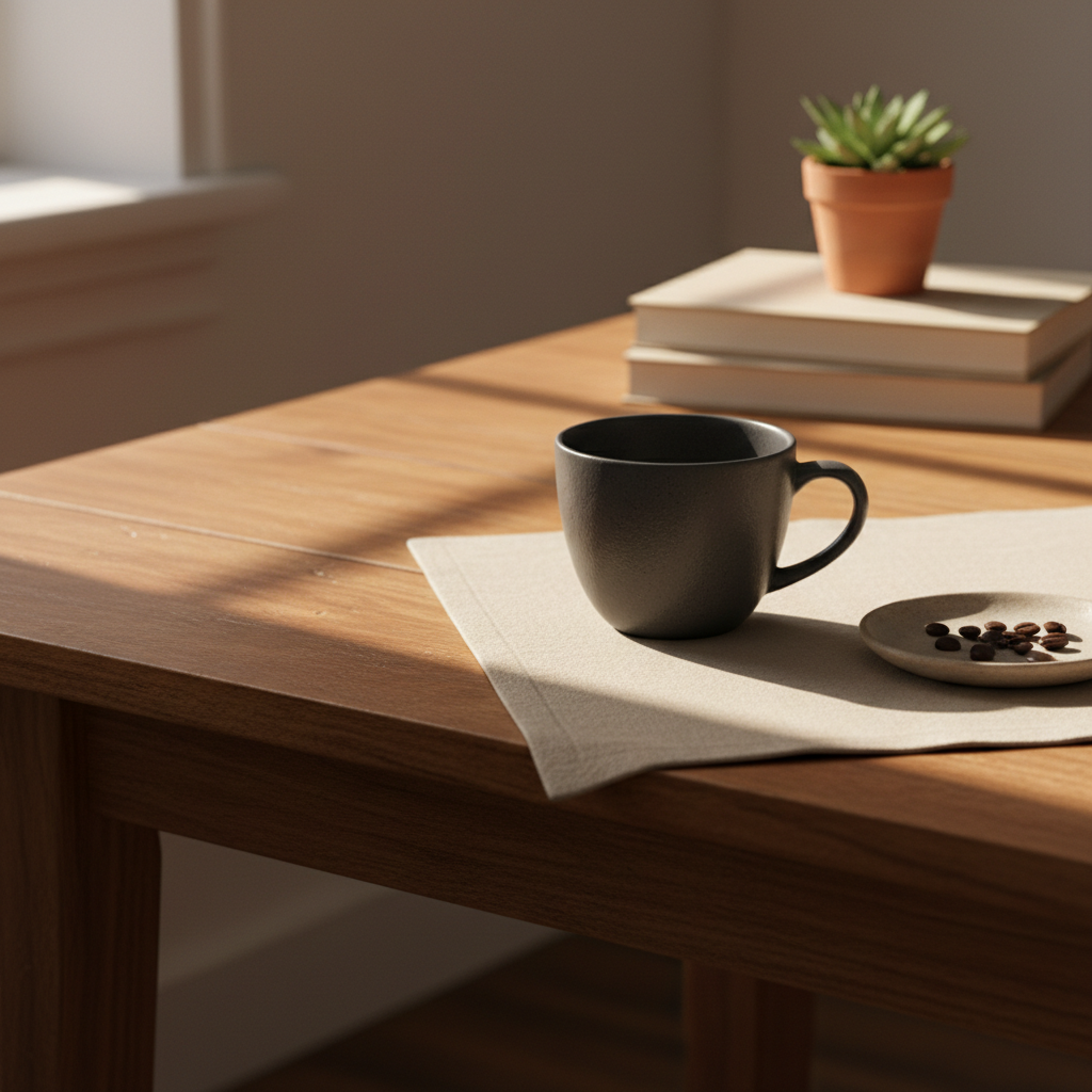 Coffee cup on a wooden table with a plant and books in the background