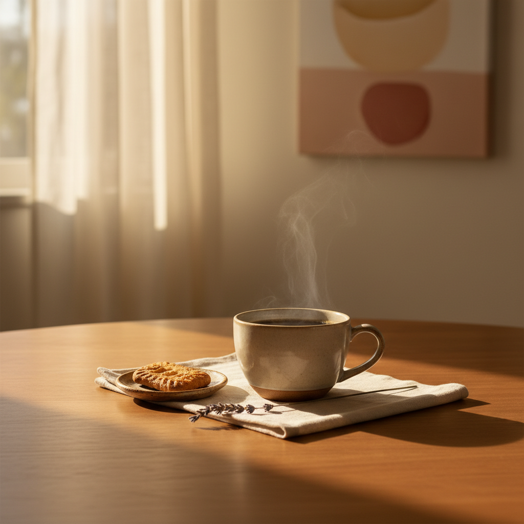 Square image. A calm interior still-life with a coffee cup resting on a table in warm, even light. Balanced proportions, soft shadows, minimal negative space. The scene feels finished and satisfying, with nothing lacking. Premium editorial still-life photography. Complete, content mood.
