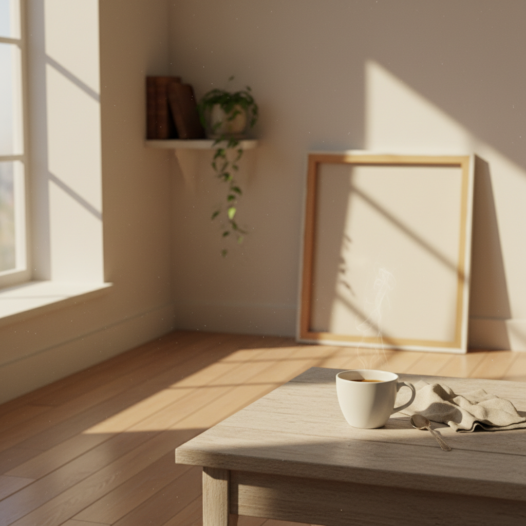 A quiet interior still-life with a coffee cup resting on a table in warm light. Long shadows, gentle tones, balanced negative space. The scene feels like time has stretched slightly longer than expected. Nothing signals an ending. Premium editorial still-life photography. Square image