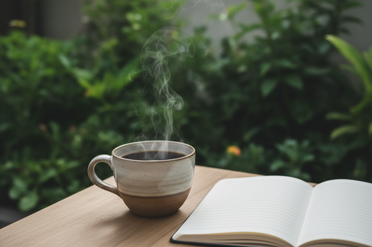 Fresh morning coffee on a wooden table next to a notebook and pen, representing a slow and thoughtful coffee ritual.