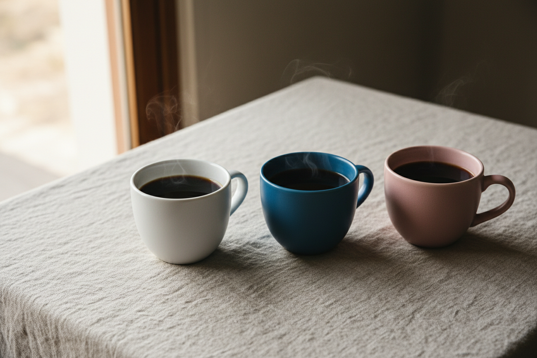 Identical black coffee served in white, blue and pink cups for a taste comparison.