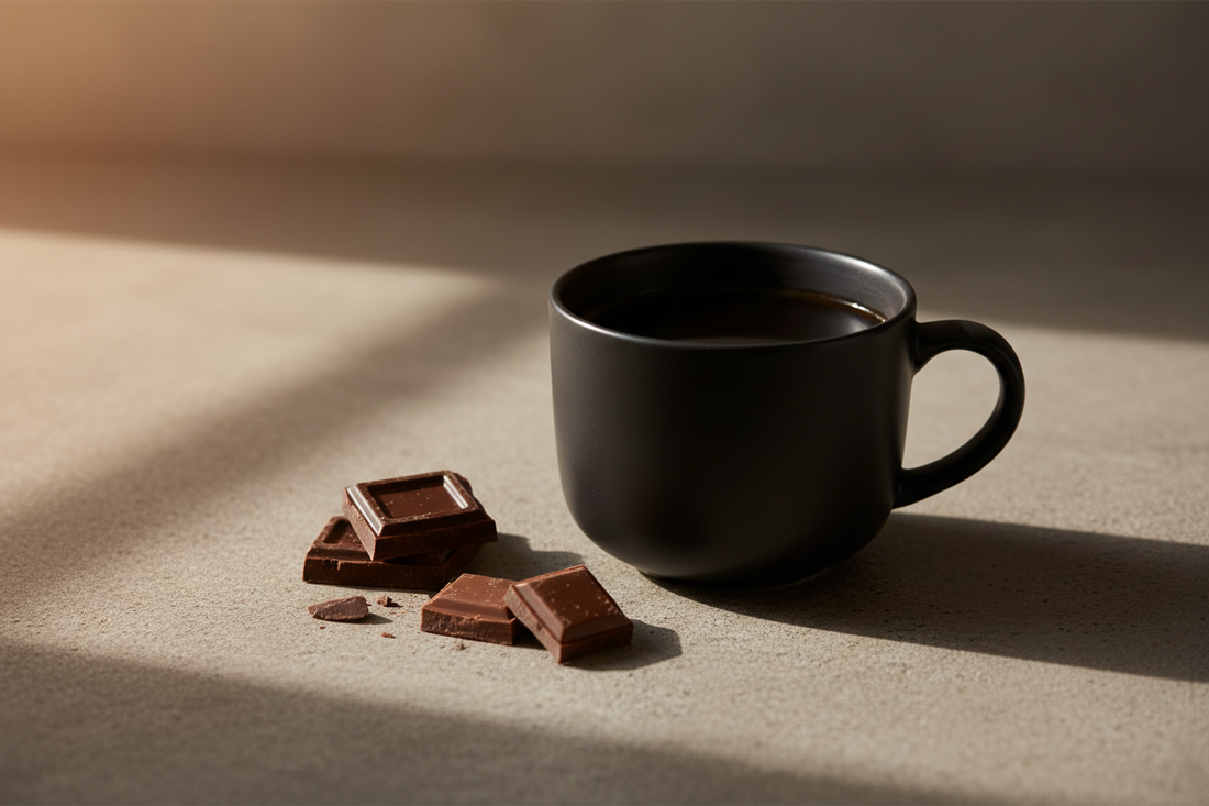 Black coffee served beside pieces of milk and dark chocolate.