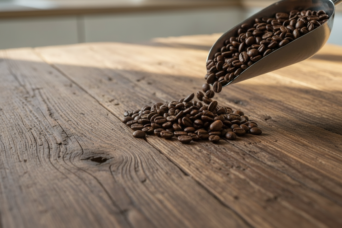 Medium-dark roasted coffee beans spilling from a scoop onto a wooden surface.
