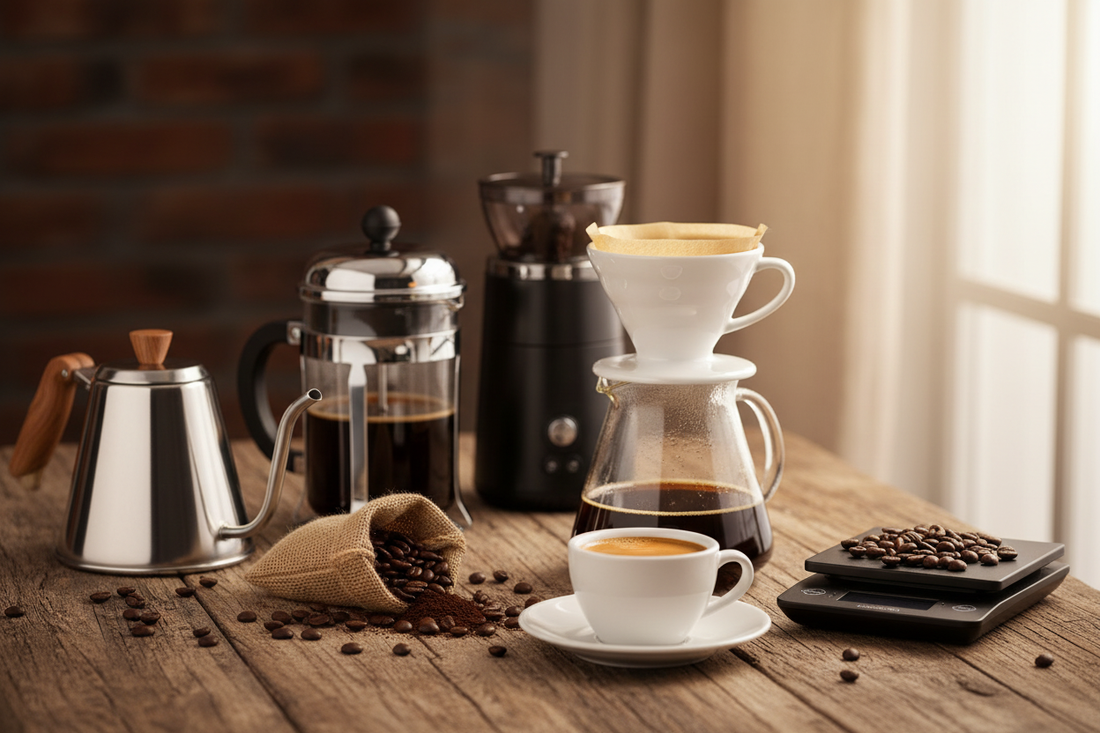 A V60 pour over, French press, espresso cup, gooseneck kettle, coffee grinder, and digital scale arranged with coffee beans on a rustic wooden surface.