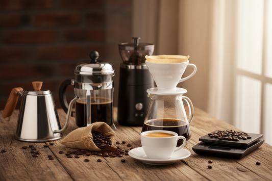 A V60 pour over, French press, espresso cup, gooseneck kettle, coffee grinder, and digital scale arranged with coffee beans on a rustic wooden surface.