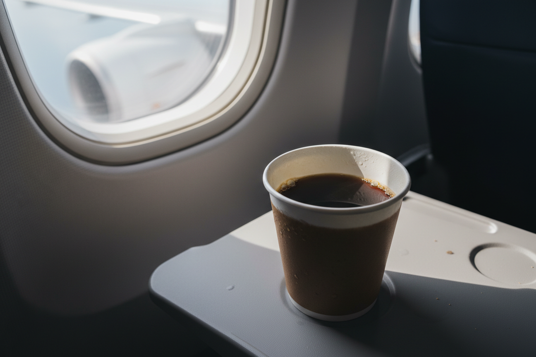 A cup of black coffee on an airplane tray table beside the window.