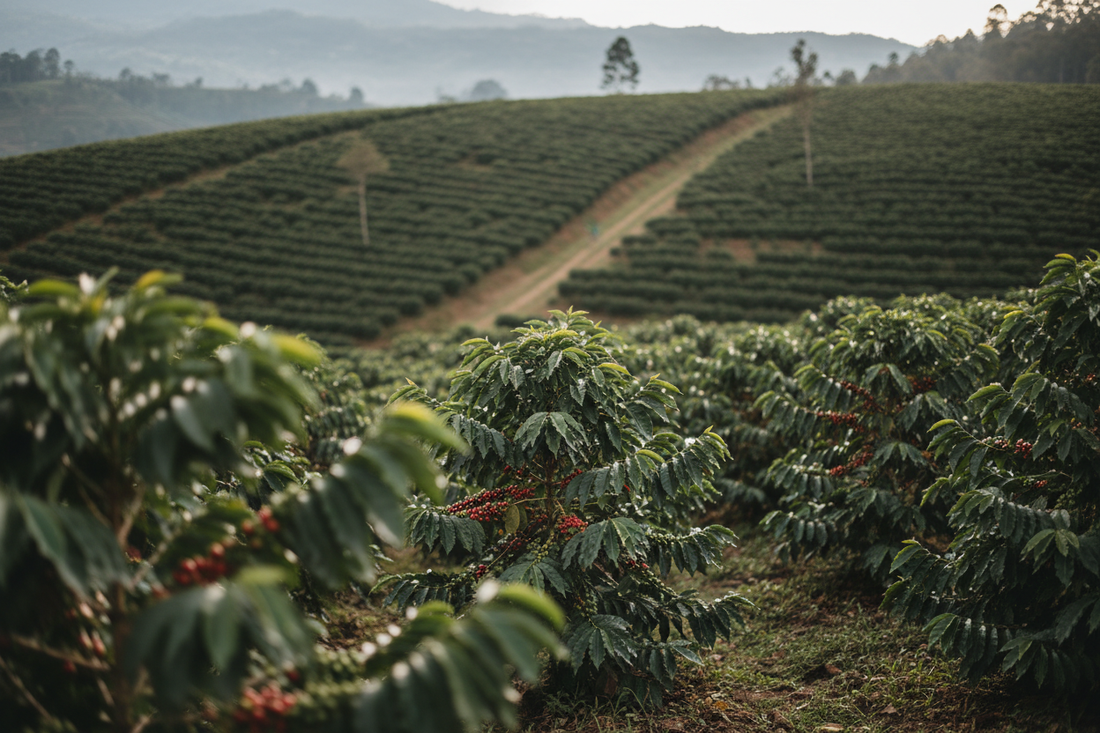 Coffee plants in Colombia growing on a hillside, representing single origin coffee