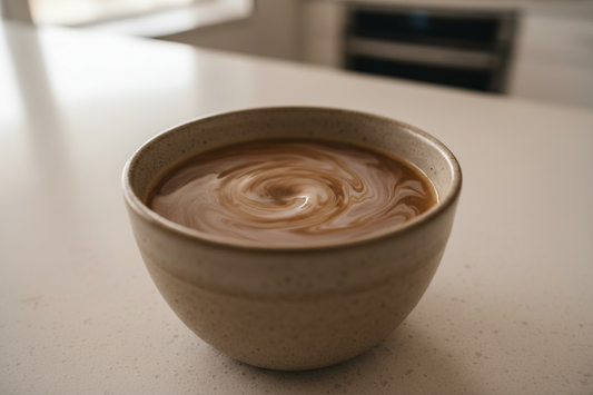 Coffee swirling in a ceramic cup, illustrating smooth texture and balanced flavor