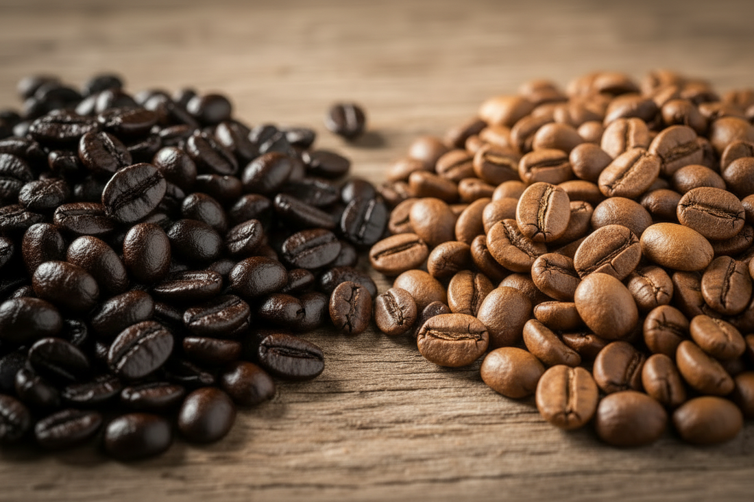 Dark roasted coffee beans beside medium roasted coffee beans, illustrating how roast level can influence bitterness and flavor.