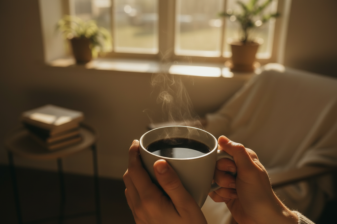 Hands wrapped around a ceramic mug of black coffee beside a sunlit window in the morning.