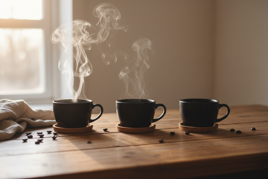 A cup of black coffee cooling on a table as its steam gradually fades.