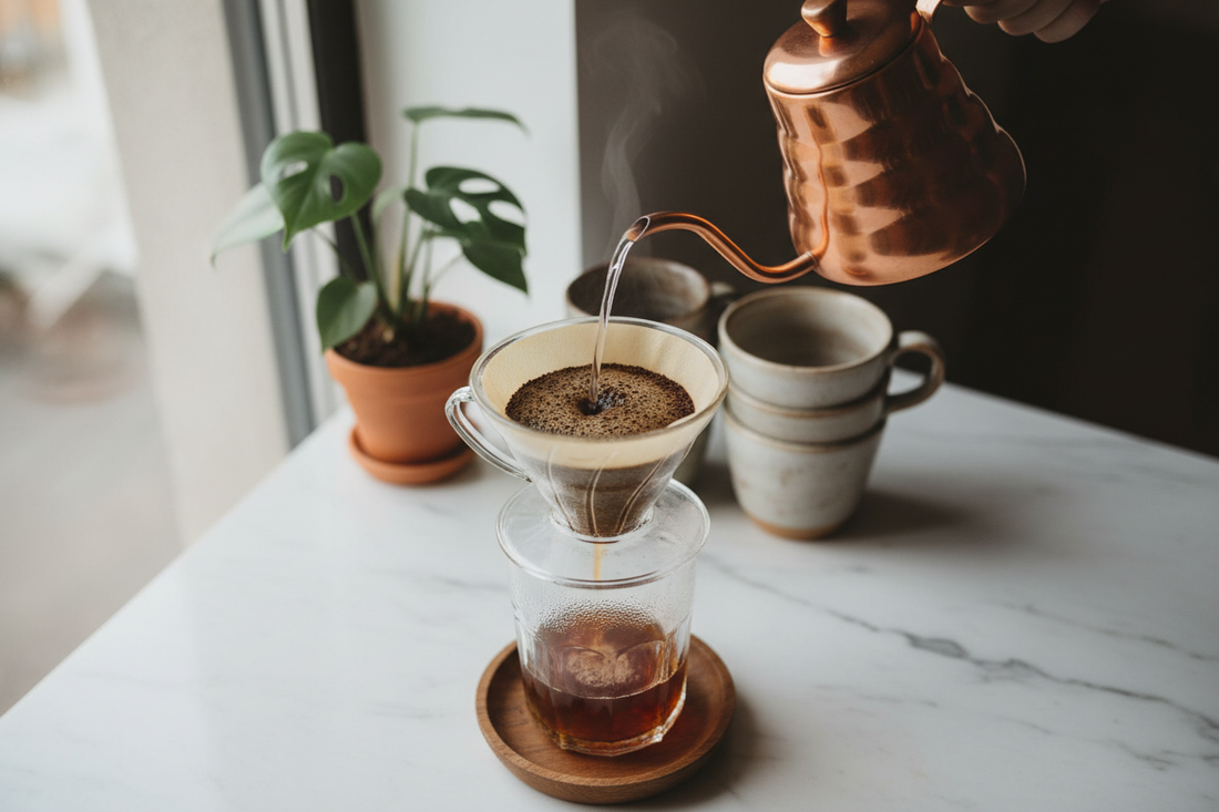 Pour over coffee being brewed with a slow controlled pour, showing a clean and balanced brewing method
