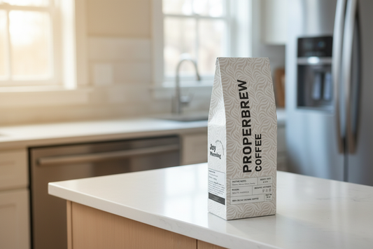 A bag of coffee beside a kitchen cupboard and an open refrigerator.