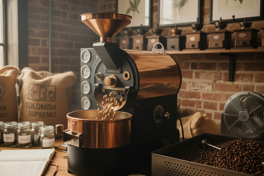 Small batch coffee roaster releasing freshly roasted beans into cooling tray