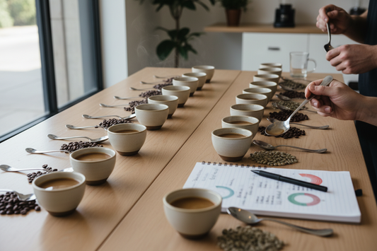 Specialty coffee cupping table with rows of brewed coffee cups, beans, and tasting notes used to evaluate coffee flavor and aroma.