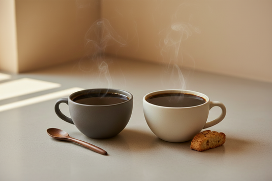Two cups of coffee in soft natural light, showing a balanced low acidity coffee concept