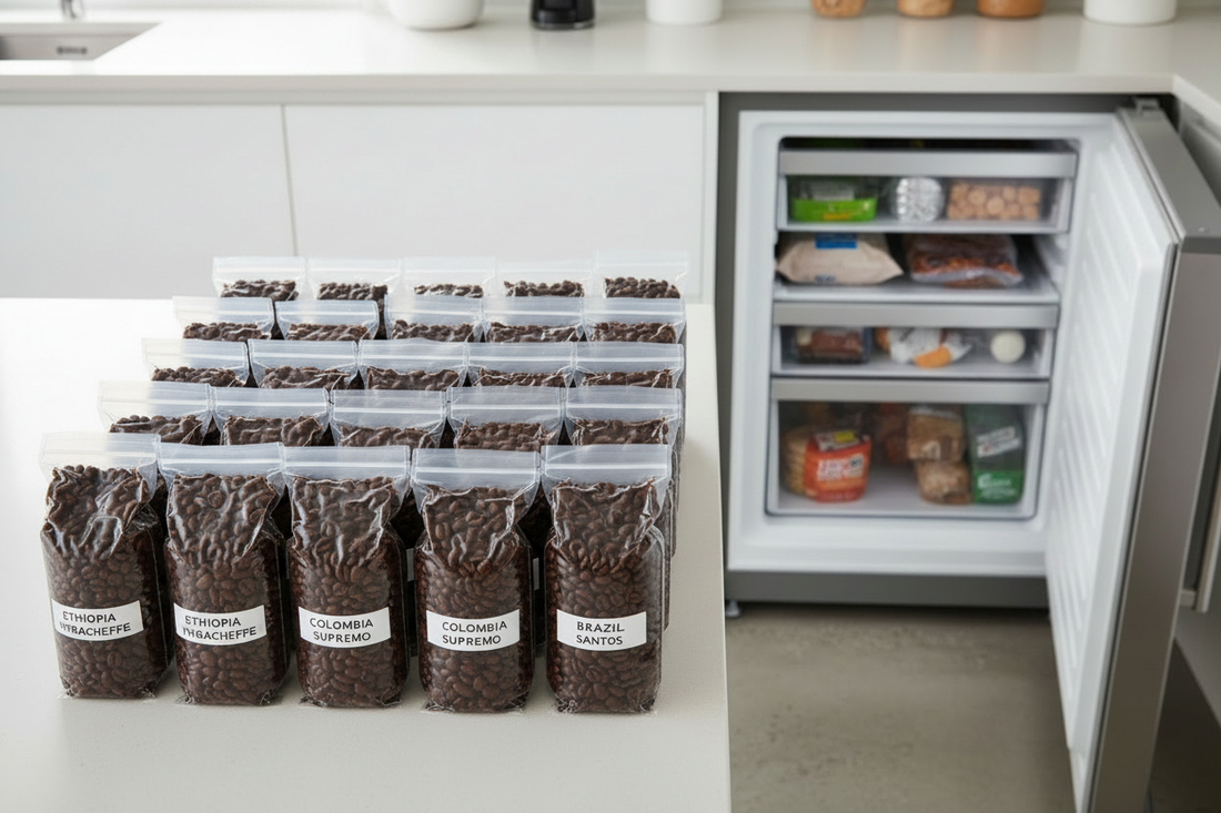 Whole coffee beans divided into small airtight portions for freezing.
