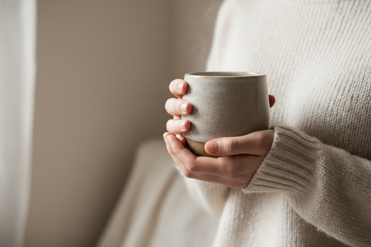 Hands holding a warm coffee cup in soft light, representing a gentle low acidity coffee