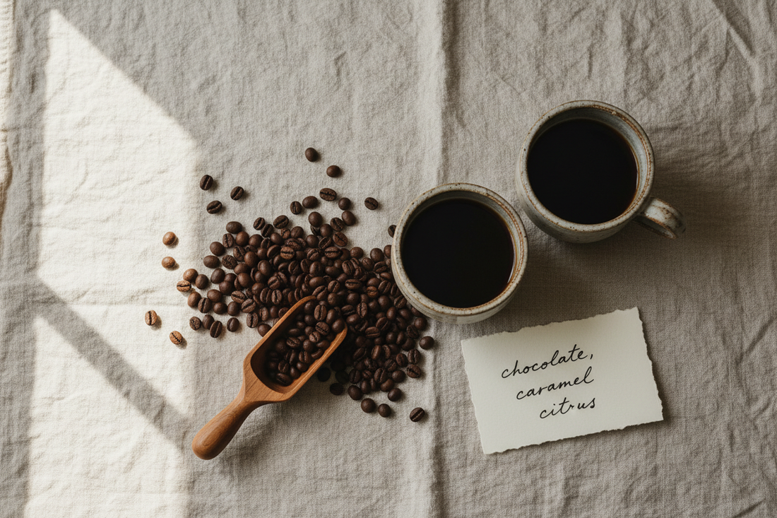 Two cups of black coffee with roasted beans and handwritten tasting notes.