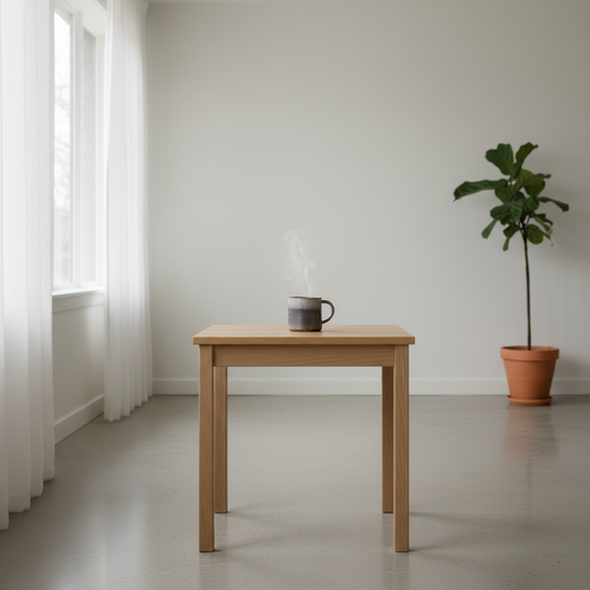 Wooden table with a mug and a plant in a minimalistic room.