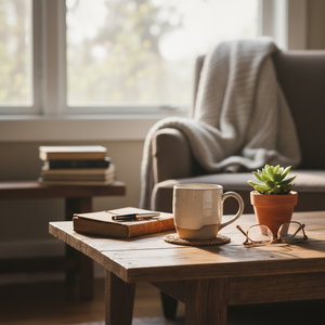 Coffee mug on a wooden table in a calm living room.