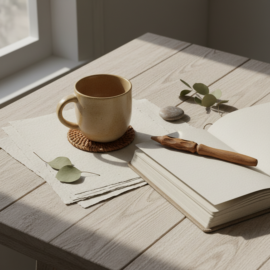 Ceramic mug on a wooden table with an open book by window light