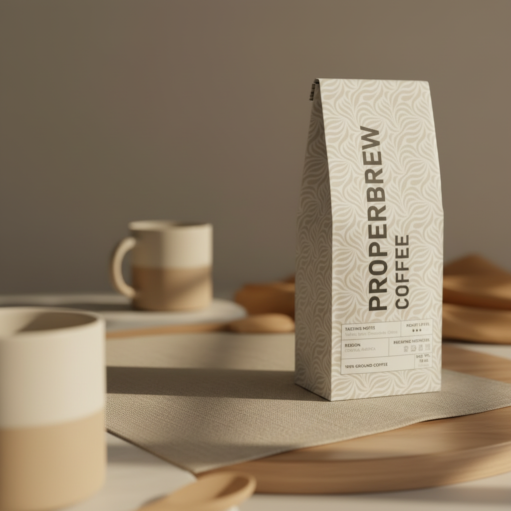ProperBrew packet on a wooden table with soft natural light.
