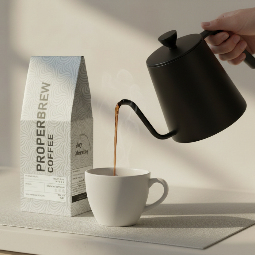 Person pouring coffee from a black kettle into a white mug next to a Properbrew Coffee package.