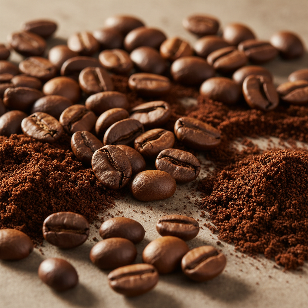 Coffee beans and ground coffee on a textured surface