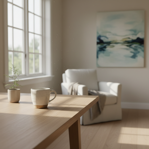 Modern living room with a wooden table, white armchair, and abstract painting.