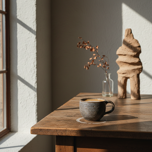 Ceramic cup on a wooden table with a vase and sculpture in the background