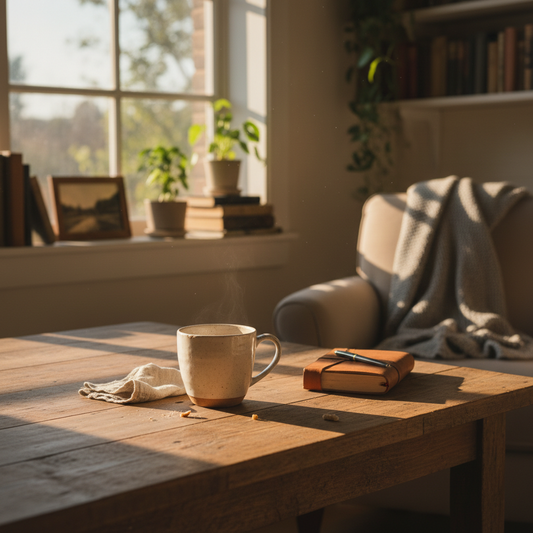 A warm interior scene in late-morning or afternoon natural light. Sunlight sits lower and softer, casting long, gentle shadows across a table. A ceramic coffee cup rests comfortably, as if it has been there for a while. The space feels settled, unhurried, and quietly inviting. No people visible. Premium editorial lifestyle photography. Square image. 