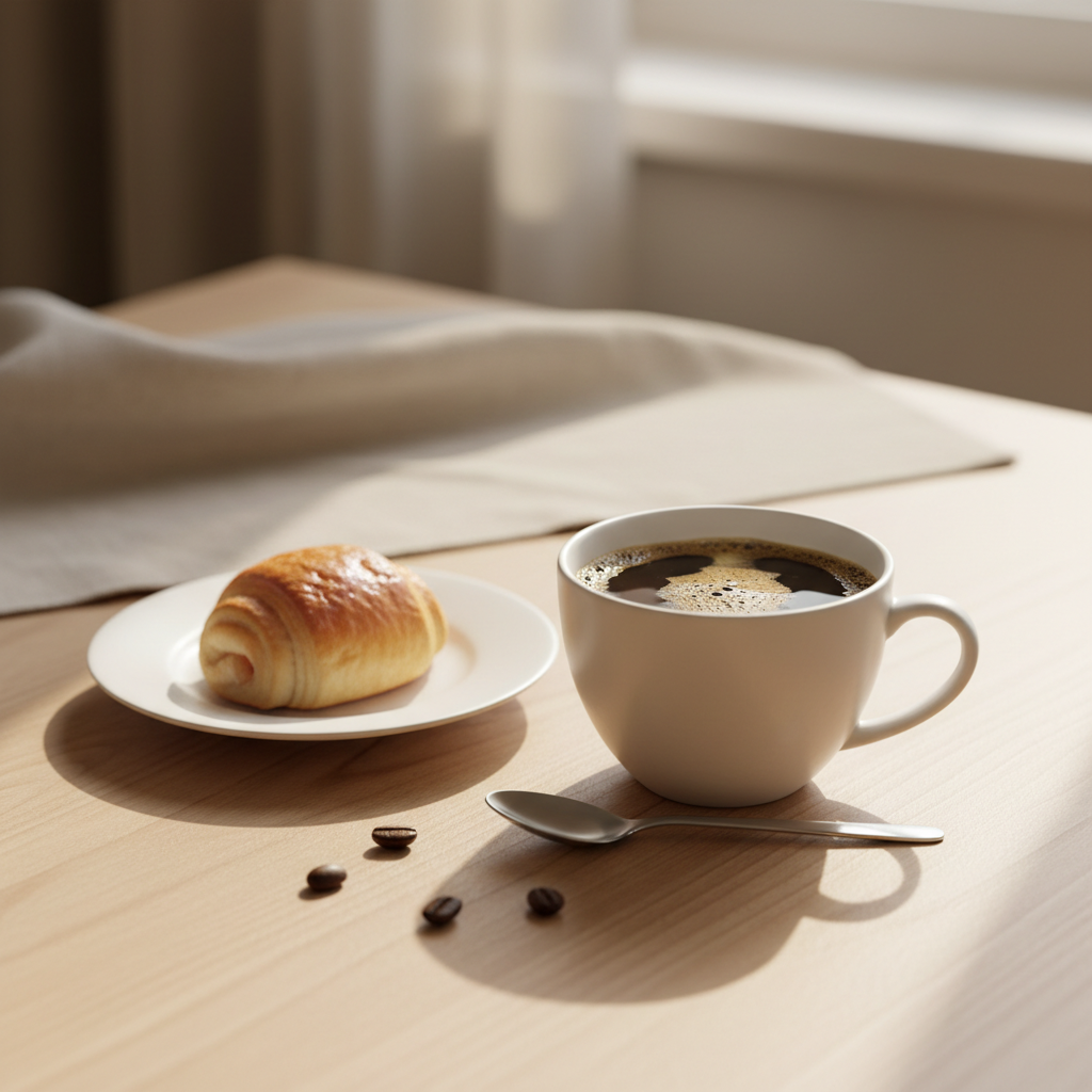Square image. A calm interior still-life with a coffee cup resting on a table in warm, even light. Balanced proportions, soft shadows, minimal negative space. The scene feels finished and satisfying, with nothing lacking. Premium editorial still-life photography. Complete, content mood.